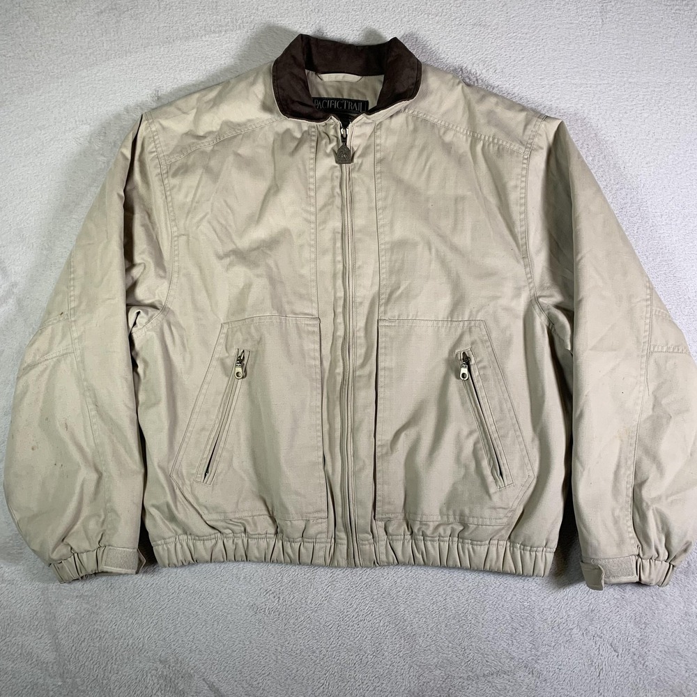 Pacific Trail Jacket Mens Large Beige Bomber Plaid Lined Outdoor Zip Pockets